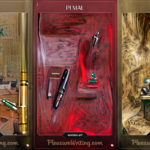 trippy triptych depicts dreamy desk and pleasure writing visions including blonde in flimsy white blouse in gilded office with dwarven stenographer hunched over work next to her and various and sundry writing instruments, tablets, papers, trinkets and emerald accents strewn about the rooms and tabletops